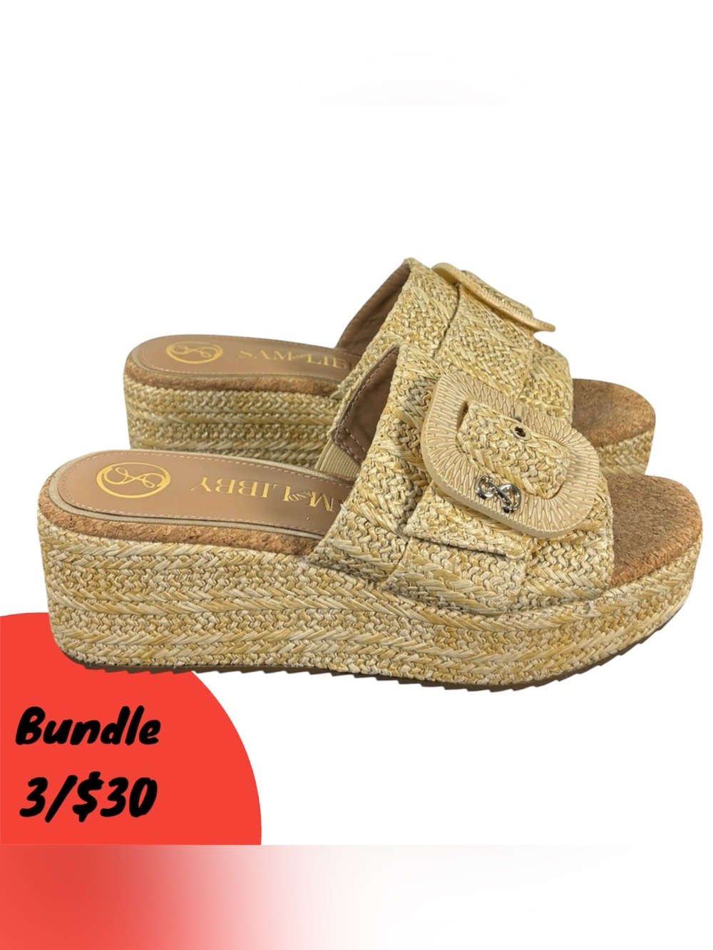 Sam & Libby Natural Raffia Wedge Slide Sandals Tan Tropical Island Vacation